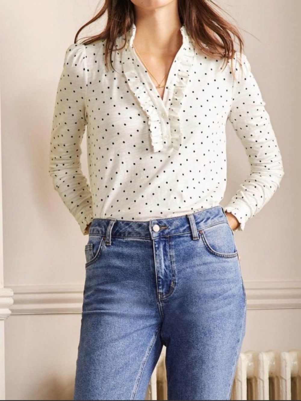 Ruffled V-Neck Polka Dot Long-Sleeve Top - White with navy Dots pi-pit 20 (mix39
